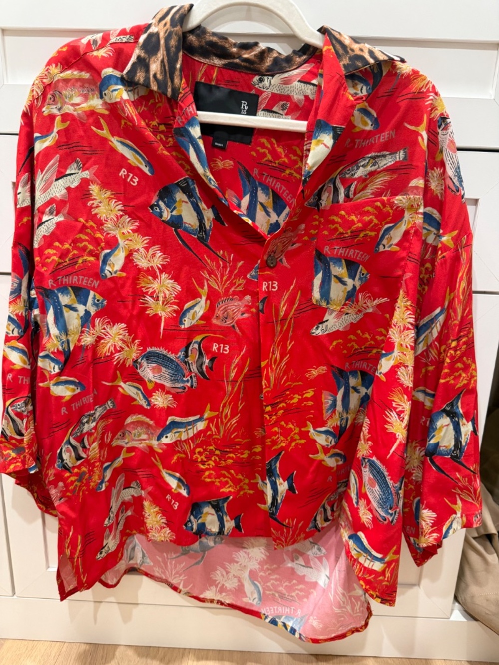 R13 Red Fish Print Oversized Button Down Shirt Leopard Collar Silk Feel S